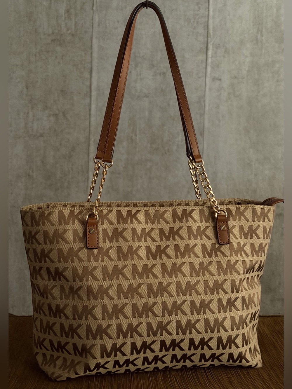 Michael Kors Jet Set EW Chain Tote Handbag MK Monogram Logo Jacquard Beige Brown